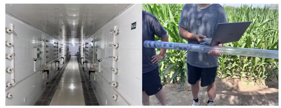 Shiyanghe experimental station (left): Large-scale soil water-heat-salt simulation and auto-monitoring system. Right side is a robot called a pipeline robot system for high-throughput and simultaneous monitoring of crop root phenotyping and rhizosphere water content.